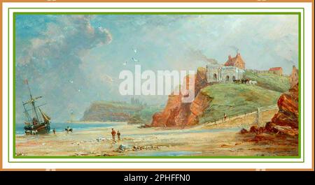 Une vieille peinture de la cale et de la plage du canot de sauvetage Upgang, près de Whitby, dans le North Yorkshire, au Royaume-Uni, avec un bateau à voile s'agrippant sur la plage. L'abbaye de Whitby est visible à distance. À droite se trouvent les anciens fours à chaux, et au-dessus de la colline, le Mulgrave Castle inn. Banque D'Images