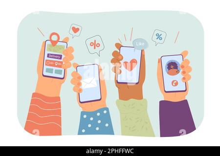 Mains utilisant des applications mobiles dans les téléphones Illustration de Vecteur