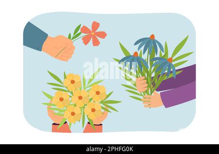 Bouquets de fleurs dans les mains des peuples illustration vectorielle plate Illustration de Vecteur