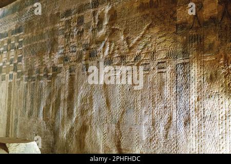 Sculptures en relief cachées sur le mur dans la tombe de la chambre funéraire souterraine d'Ounas par la pyramide de Djoser à la nécropole de Saqqara à Gizeh, en Égypte Banque D'Images