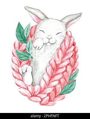 Lapin aquarelle dormant dans une couverture tricotée confortable Banque D'Images