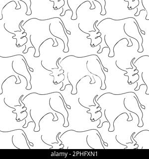 Motif sans couture avec motif en forme de taureaux, style dessin au trait, couleur noire sur fond blanc Illustration de Vecteur