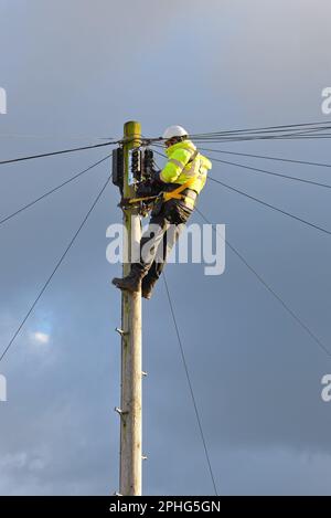 Un ingénieur britannique de télécommunications installe un câble à fibre optique au sommet d'un poteau téléphonique Angleterre Royaume-Uni Banque D'Images