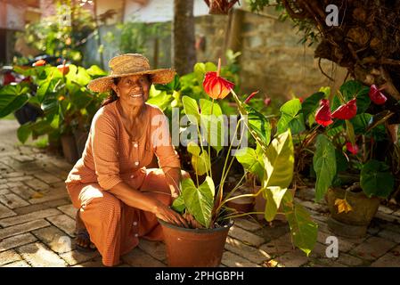 Femme indienne aînée heureuse dans un chapeau de paille assis dans le jardin en prenant soin des plantes en pot. Femme souriante sri-lankaise âgée dans sa cour de plantation Banque D'Images