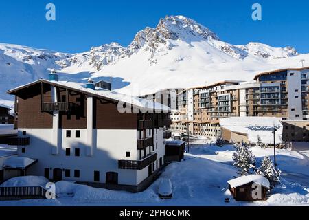 Vue sur le Val Claret Tignes en France après une chute de neige fraîche Banque D'Images