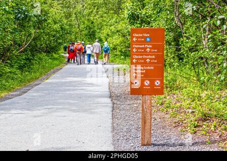 Suivez le chemin jusqu'à la sortie Glacier et Harding Icefield avec les distances et les flèches - les randonneurs se dirigent vers Glacier surplombent floue à distance - Focus sur SIG Banque D'Images