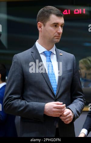 Bruxelles, Belgique. 28th mars 2023. M. Davor FILIPOVIC, ministre de l'énergie, arrive au siège de l'UE à Bruxelles, en Belgique, pour un Conseil "Transports, télécommunications et énergie" sur 28 mars 2023. Crédit: ALEXANDROS MICHAILIDIS/Alamy Live News Banque D'Images