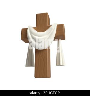 3D Croix en bois d'icône avec tissu blanc, symbole de la résurrection de Jésus-Christ. Il est ressuscité. Illustration de la résurrection de Pâques. Ecriture Banque D'Images