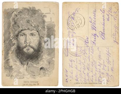 Carte postale historique allemande : portrait d'un soldat russe avec une barbe et une moustache épaisses dans un chapeau de fourrure du régiment d'infanterie sibérien de 53rd, 1915 Banque D'Images