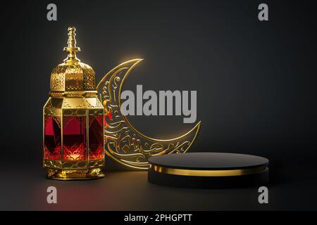 3D lanterne de Ramadan à thème islamique, Calligraphie Lune et Podium scène pour la présentation des produits. Calligraphie : Ramadan, le mois de la bonté Banque D'Images