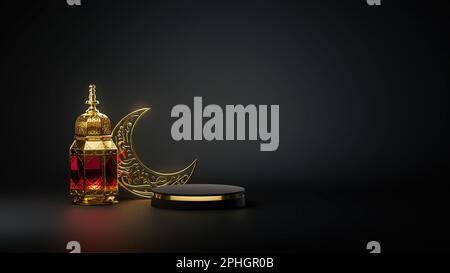 3D lanterne de Ramadan à thème islamique, Calligraphie Lune et Podium scène pour la présentation des produits. Calligraphie : Ramadan, le mois de la bonté Banque D'Images