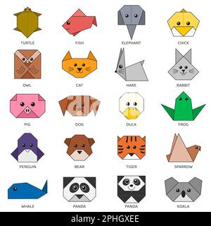 Ensemble vectoriel d'origami de différents animaux colorés. Illustration de Vecteur