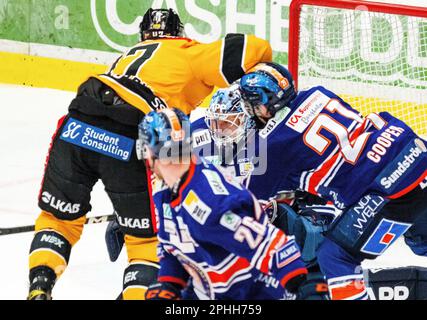 VŠxjš, Suède, 28 mars, 2023 quart de finale 7 VŠxjš Lakers - LuleŒ HF Vaxjo Lakers gagne de 2 à 1 et se qualifie ainsi pour la demi-finale. Credit: PEO Mšller/Alamy Live News Banque D'Images