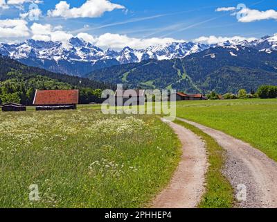 Un chemin mène à travers la campagne de la haute-Bavière près du village de Farchant vers les montagnes de Wetterstein, Bavière, Allemagne Banque D'Images