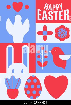 Joyeuses Pâques. Répétitions. Style abstrait géométrique moderne. Oeufs de Pâques, lapin., fleurs, oiseau, ange. Idéal pour une couverture d'affiche ou une carte postale Vector Ill Illustration de Vecteur