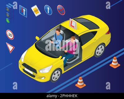 Concept d'école de conduite isométrique. Instructeur de conduite et homme étudiant dans la voiture d'examen. Illustration vectorielle Illustration de Vecteur