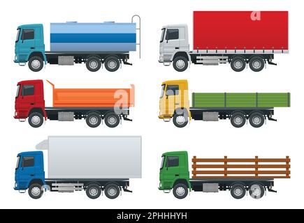 Les camions plats ont placé les véhicules isolés réalistes sur fond blanc. Pétrolier, camion-citerne, logistique de camion-réfrigérateur, transport terrestre, livraison Illustration de Vecteur