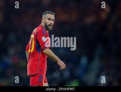 28th mars 2023 ; Hampden Park, Glasgow, Écosse : football de qualification euro 2024, Écosse contre Espagne ; Dani Carvajal d'Espagne Banque D'Images