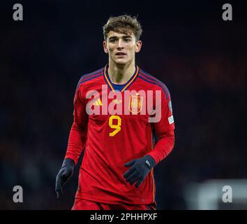 28th mars 2023 ; Hampden Park, Glasgow, Écosse : football de qualification euro 2024, Écosse contre Espagne ; Gavi d'Espagne Banque D'Images