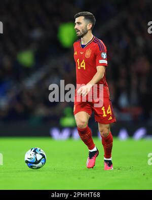 28th mars 2023 ; Hampden Park, Glasgow, Écosse : football de qualification euro 2024, Écosse contre Espagne ; Jose Gaya d'Espagne Banque D'Images