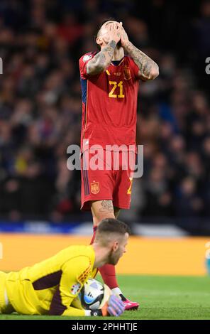 Glasgow, Royaume-Uni. 28th mars 2023. Joselu d'Espagne lors du match de qualification de l'UEFA European Championship au parc Hampden, Glasgow. Crédit photo à lire: Neil Hanna/Sportimage crédit: Sportimage/Alamy Live News Banque D'Images