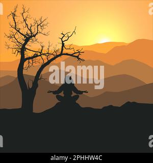Méditation sous l'arbre dans la montagne Illustration de Vecteur