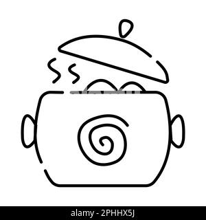Stewpan avec repas chaud, illustration de la ligne vectorielle noire et blanche de la cuisson dans la casserole Illustration de Vecteur