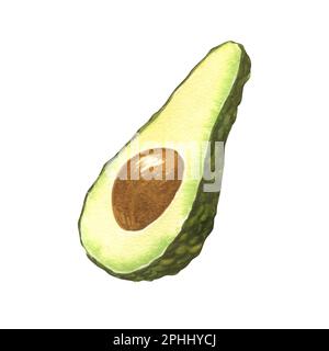 Aquarelle fraîche avocat réaliste. Illustration dessinée à la main, isolée sur fond blanc. Menu alimentaire parfait, dessin alimentaire, emballage design. Banque D'Images