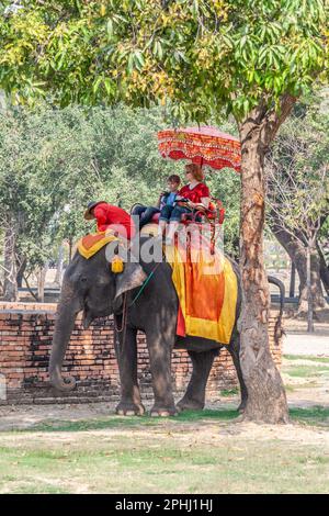 Ayutthaya, Thaïlande - 24 décembre 2009: Les touristes apprécient la promenade à dos d'éléphant guidée par un mahout à Ayutthaya. Banque D'Images