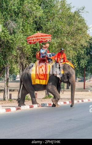 Ayutthaya, Thaïlande - 24 décembre 2009: Les touristes apprécient la promenade à dos d'éléphant guidée par un mahout à Ayutthaya. Banque D'Images