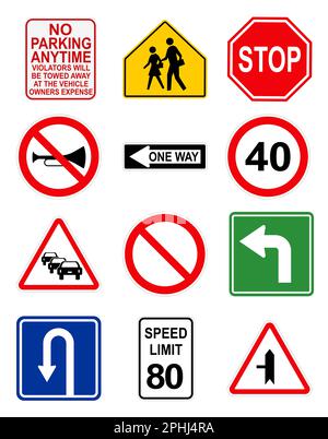 Installer différents panneaux de signalisation sur fond blanc. Illustration Banque D'Images