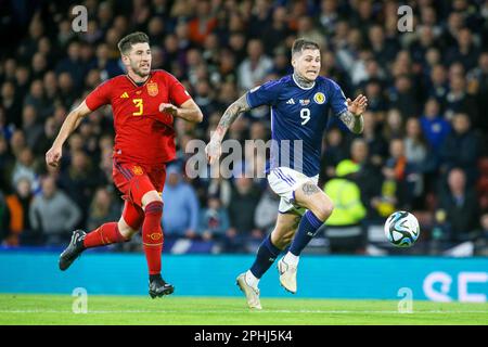 Glasgow, Royaume-Uni. 28th mars 2023. ROYAUME-UNI. L'Écosse a joué l'Espagne à Hampden Park, Glasgow dans les rondes de qualification européennes une Écosse a gagné 2 - 0. Les buts ont été notés par Scott McTominay (numéro 4) en 7 minutes et 51 minutes. Crédit : Findlay/Alay Live News Banque D'Images