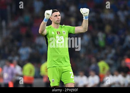 Santiago del Estero, Argentine, 28th mars 2023. Emiliano Martinez d'Argentine, pendant le match entre l'Argentine et Curaçao, pour l'International friendly 2023, au stade Unico Madre de Ciudades, à Santiago del Estero sur 28 mars. Photo: Luciano Bisbal/DiaEsportivo/Alamy Live News Banque D'Images