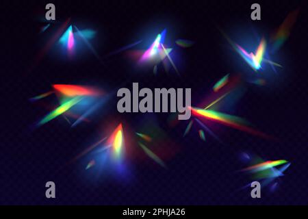 Lumière à prisme, reflet de la lumière des reflets du cristal arc-en-ciel, réfraction de la lentille. Jeu réaliste de 3D vecteurs de verre, bijoux, diamants ou pierres gemmes. Physique optique Illustration de Vecteur