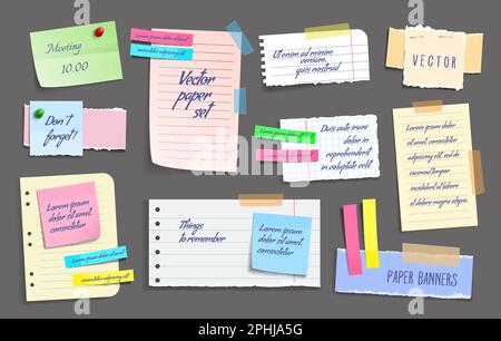 Notes sur papier, autocollants, feuilles adhésives et ruban adhésif. Ensemble vectoriel de tâches, de messages de mémo, de blocs-notes et de feuilles de papier déchirées. Note de rappel de réunion, de Illustration de Vecteur