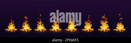 Animation de feu de joie, sprite animé de flamme de feu, bois de combustion vectoriel. Feu de camp ou bonfire sprite animée pour le jeu, feu de feu, feu de feu, feu de feu Illustration de Vecteur