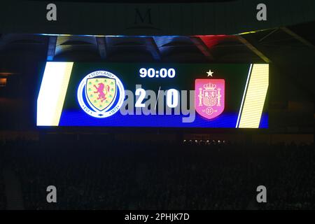 28th mars 2023 ; Hampden Park, Glasgow, Écosse : football de qualification euro 2024, Écosse contre Espagne ; Tableau de bord final Banque D'Images