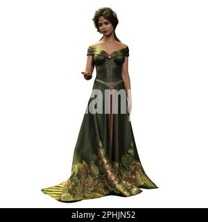 Femme de fantaisie médiévale à poil brun en robe longue verte avec circlet et couronne de fleurs sur fond blanc isolé, 3D Illustration, 3D rendu Banque D'Images