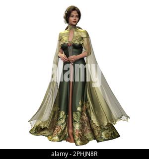 Femme de fantaisie médiévale à poil brun en robe longue verte avec circlet et couronne de fleurs sur fond blanc isolé, 3D Illustration, 3D rendu Banque D'Images