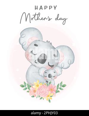 Adorable innocence Australie Koala mère et bébé dormant et embrassant avec une couronne de fleurs, joyeux jour de mère fantaisiste aquarelle animal ca Illustration de Vecteur