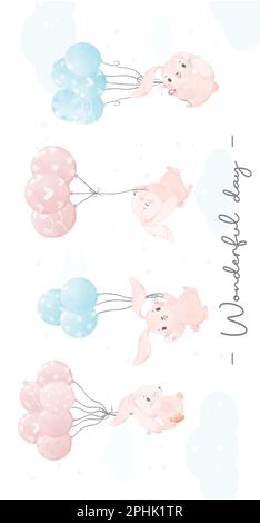 Adorable fantaisiste heureux bébé rose lapin volant avec des ballons pépinière enfants aquarelle main peinture bannière Illustration de Vecteur