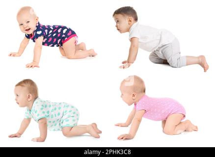 Collage de photos de petits bébés mignons rampant sur fond blanc Banque D'Images