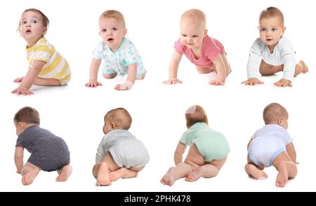 Collage de photos de petits bébés mignons rampant sur fond blanc Banque D'Images