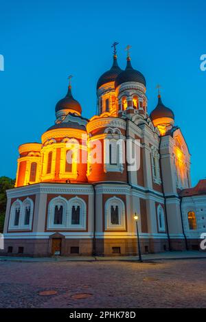 Vue nocturne de la cathédrale orthodoxe russe Alexandre Nevski à Toompea, dans la partie de Tallinn, Estonie. Banque D'Images