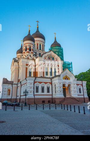 Vue nocturne de la cathédrale orthodoxe russe Alexandre Nevski à Toompea, dans la partie de Tallinn, Estonie. Banque D'Images