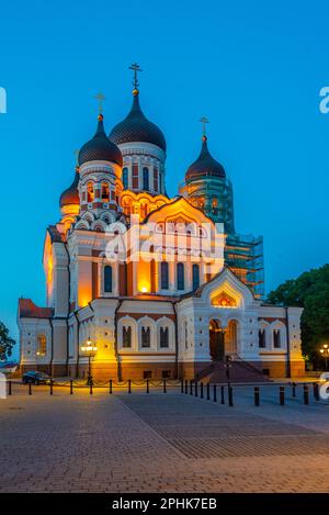 Vue nocturne de la cathédrale orthodoxe russe Alexandre Nevski à Toompea, dans la partie de Tallinn, Estonie. Banque D'Images