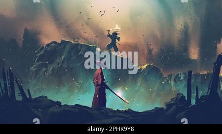 Scène de deux samouraïs en duel sur la falaise, style d'art numérique, peinture d'illustration Banque D'Images