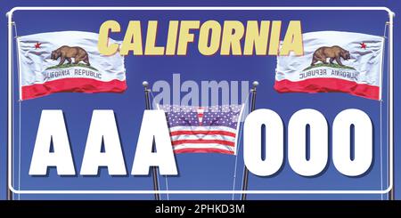 Plaques d'immatriculation de véhicule en Californie aux États-Unis d'Amérique, plaques de voiture. Numéros de permis de conduire de différents États américains. Imprimé vintage pour les motifs, autocollants et affiches de tee-shirts Banque D'Images