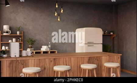 Espace vide pour la présentation des produits sur un comptoir en bois avec cafetière et plateau à tasses dans une cuisine moderne loft ou un bar à snacks. 3d réf Banque D'Images