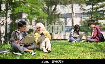 Deux jeunes étudiants asiatiques sont heureux de parler et de travailler sur leur travail scolaire tout en étant assis sur l'herbe et de se détendre dans le parc du campus ensemble Banque D'Images